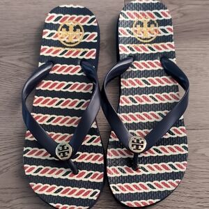 Tory Burch Navy and Red Rope Pattern Sandals